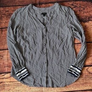 Talbots‎ Womens Navy White Geometric Print Button Down Long Sleeve Shirt Size S